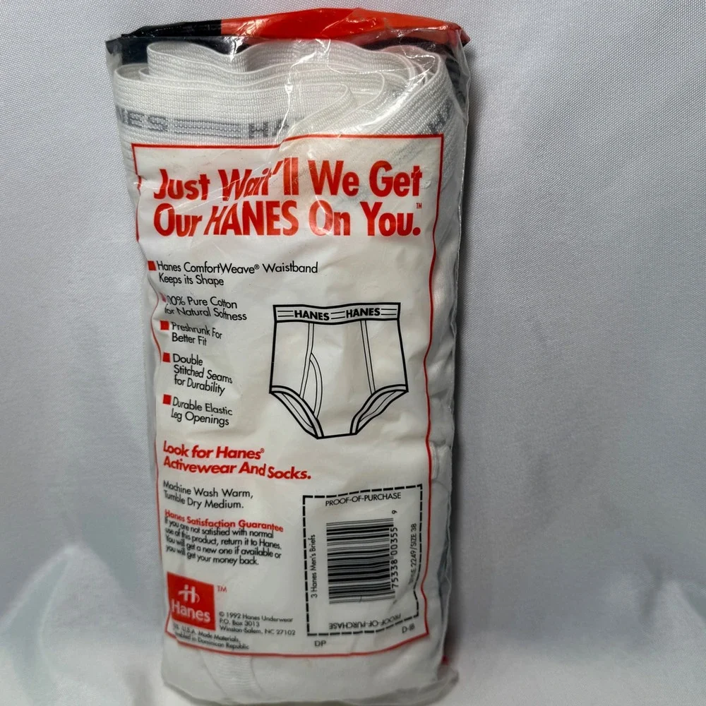 Vintage 1992 Hanes Mens Briefs 3 Pack White 100% Cotton Size 38 Deadstock NOS